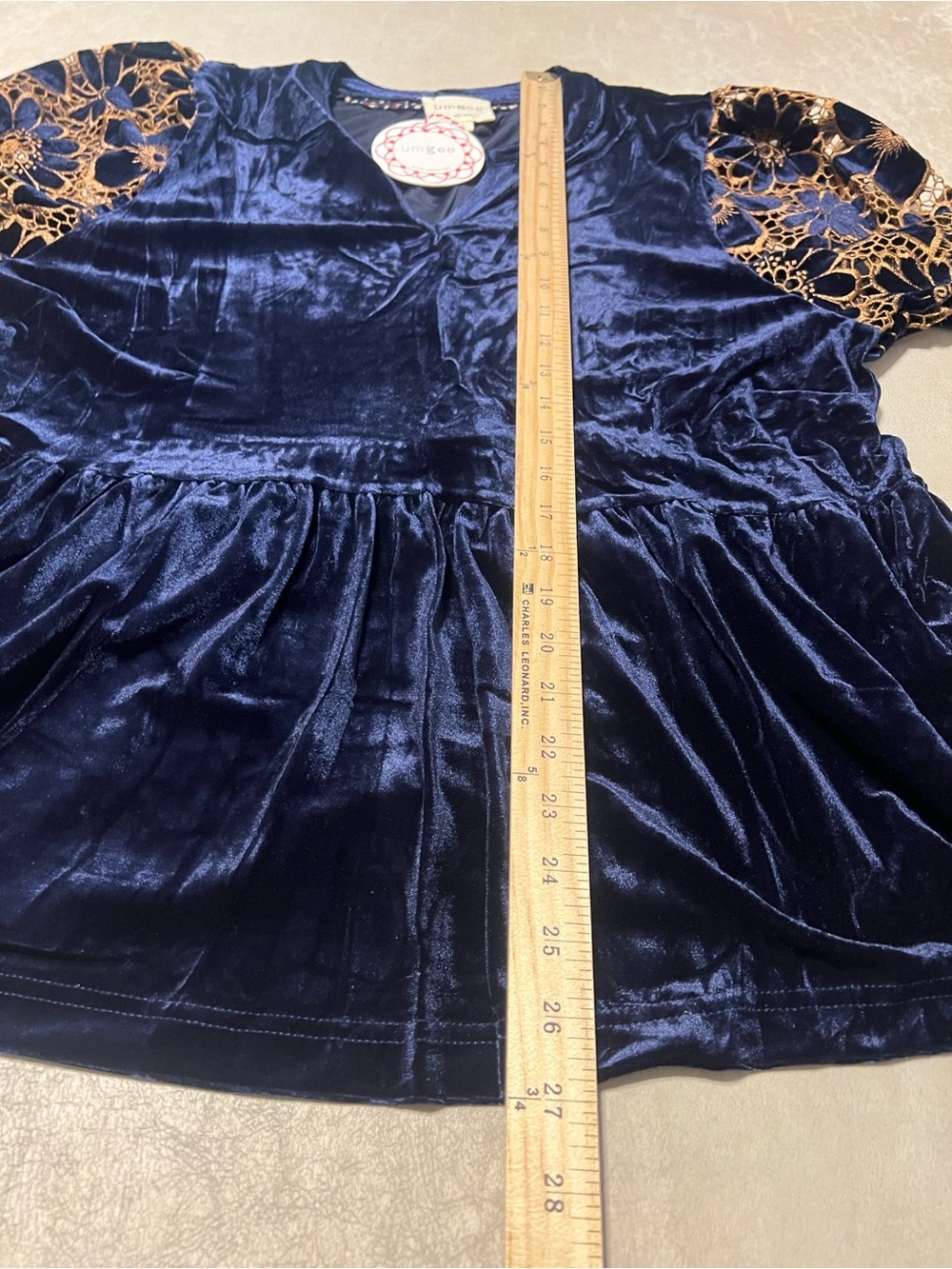 Umgee *NEW* Crushed Velvet & Lace Navy Blue Baby Doll 3/4 Sleeve Top. Size L - Picture 6 of 9
